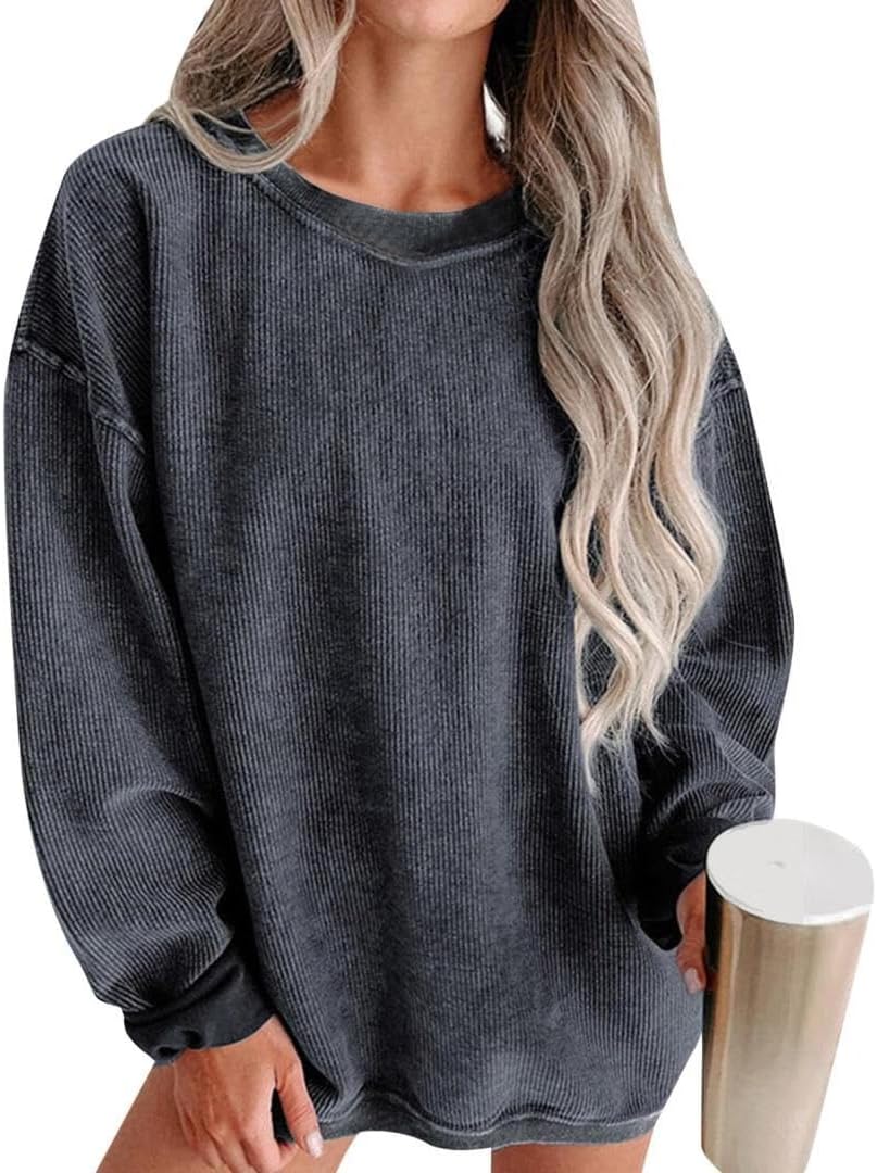 Womens Sweatshirts Casual Cored Corduroy Pullover Tops Oversized Long Sleeve Crewneck Shirts