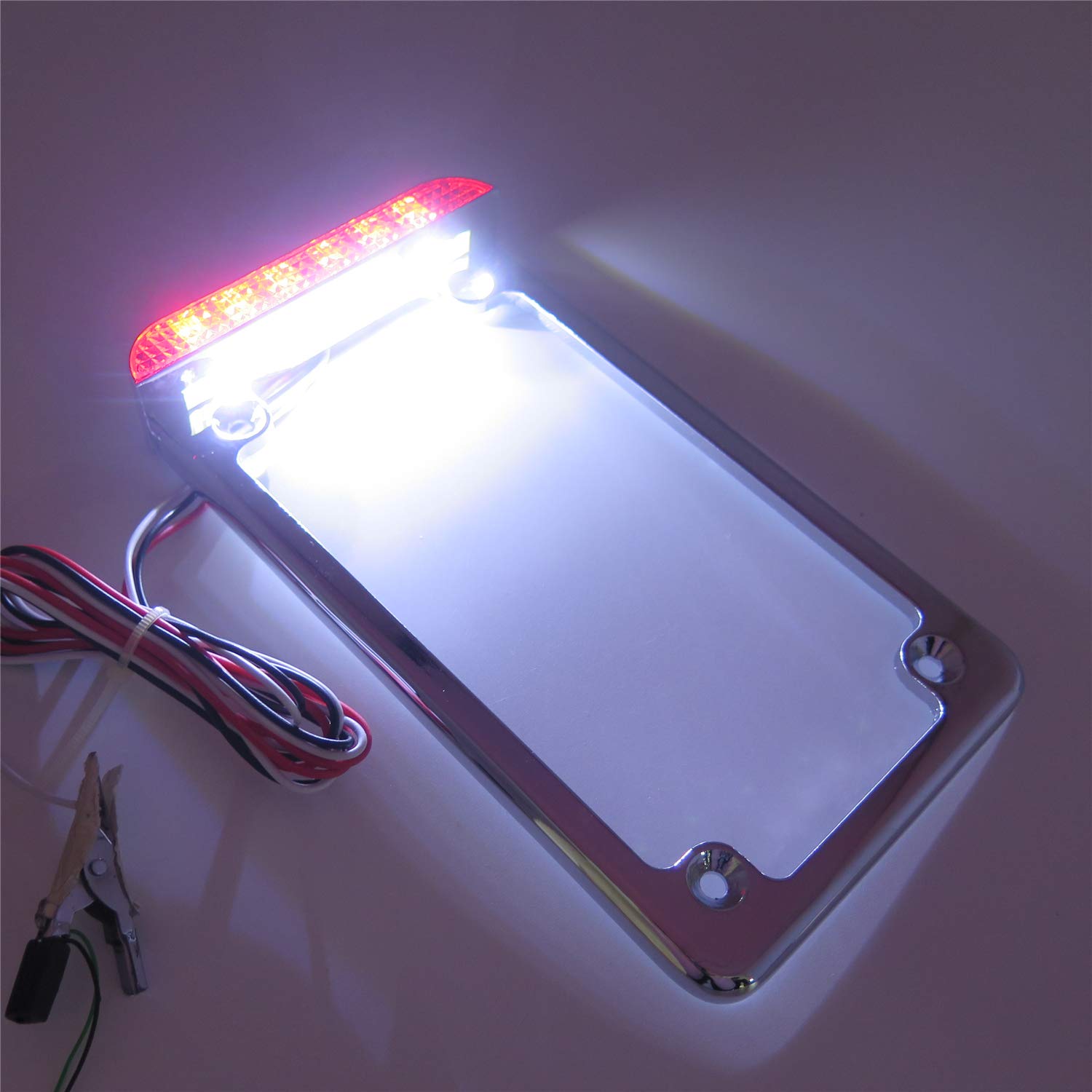 MT294-003- Motorcycle Chrome 7" x 4" Flat License Plate Frame Bracket Tag Holder w/ 3" LED Bar Compatible with Universal /Suzuki/Yamaha/Kawasaki/Harley