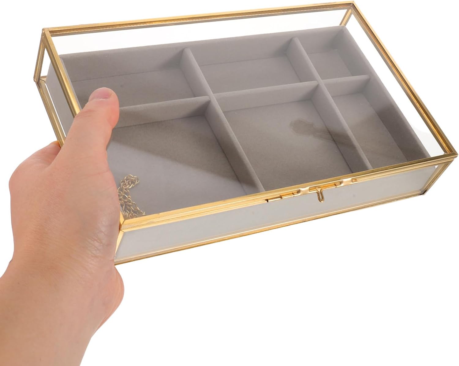 PRETYZOOM Small Glass Jewelry Organizer Box with 6 Compartments for Earrings Necklaces Rings, Space-saving Jewelry Storage Box with Velvet Lining for Bedroom and Small Spaces image 4