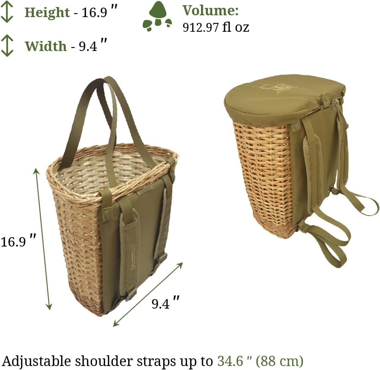Acropolis Large Wicker Foraging Backpack & Mushroom Picking Basket | Foraging bag with straps, mushroom belt pouch for hiking & camping