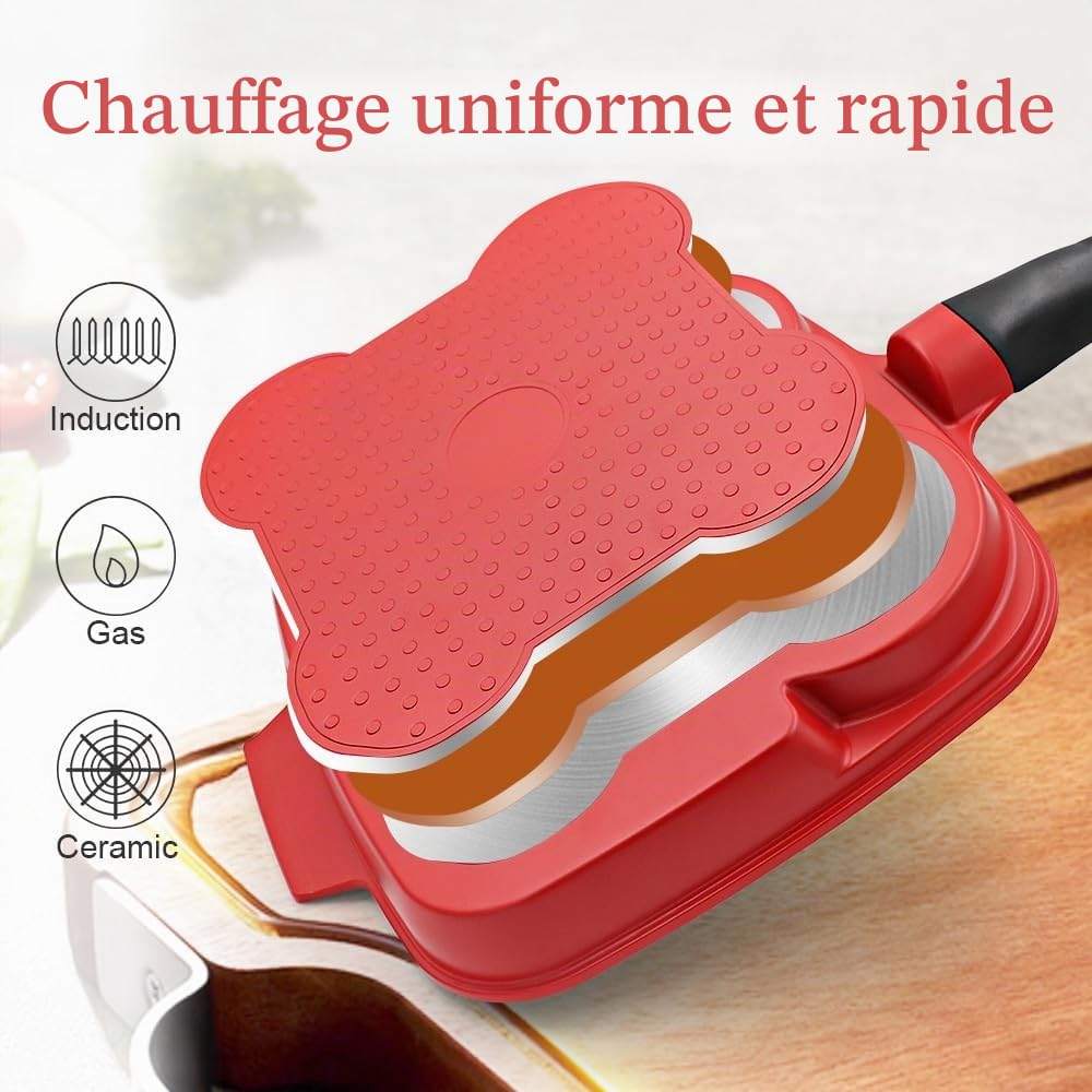 Poêle à Frire 3 Trous avec Couvercle 26 x 24 cm, Poêle à œufs au plat avec Poignée Amovible, Poêle Grill Antiadhésive 3 en 1 pour Petit-déjeuner
