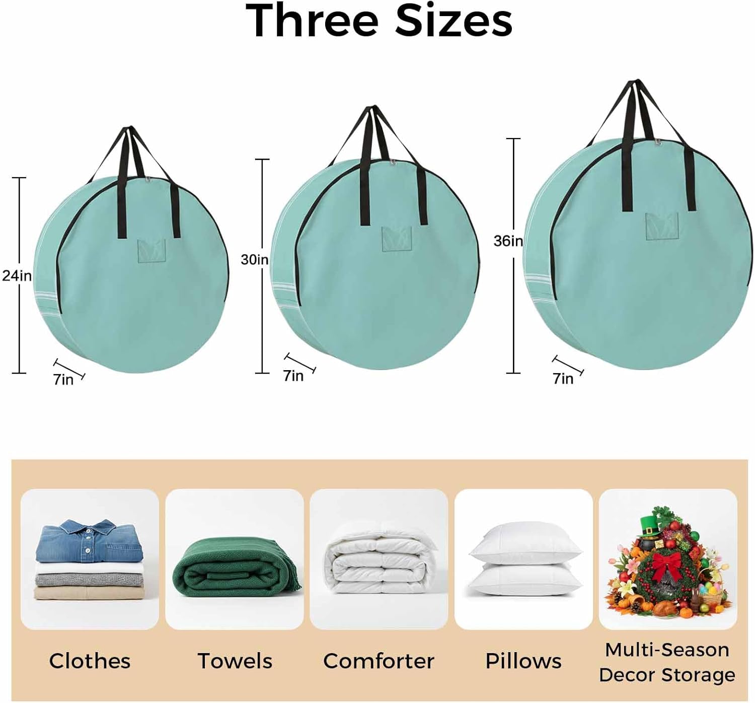 Solid Color Round Storage Bag 36 Inch, Light Cyan Clothes Storage Container with Handles Heavy Duty Organizer for Comforter, Bedding & Holiday Wreaths