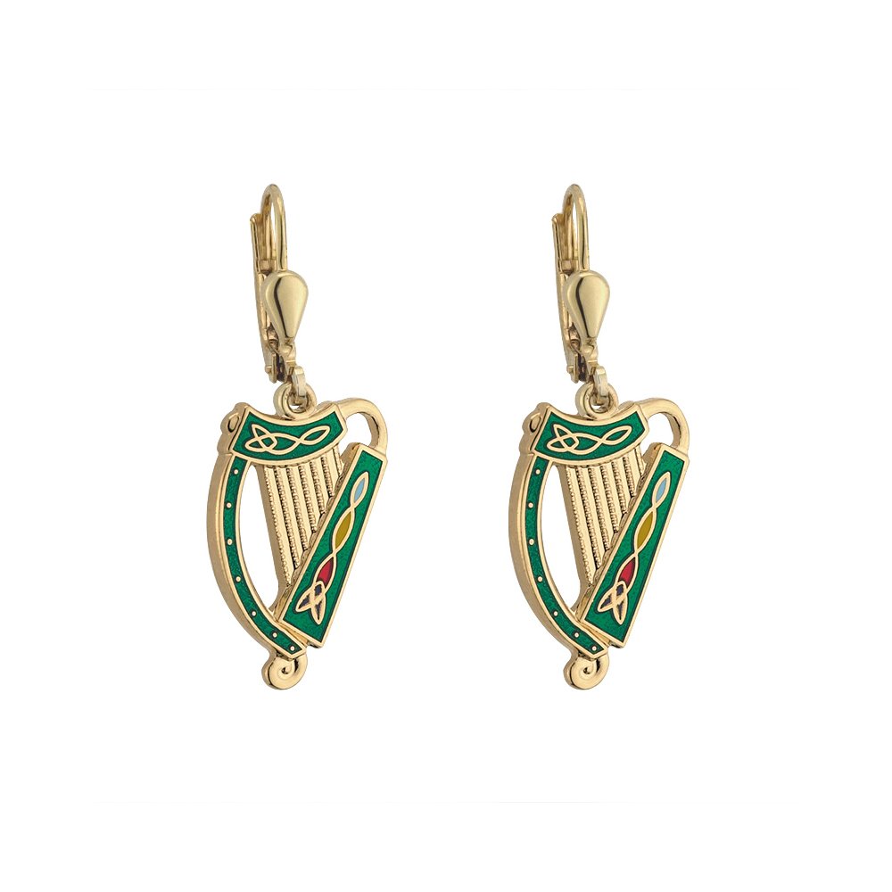 Irish Harp Earrings Gold Plated & Colored Enamel Made in Ireland