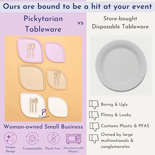 Miniatura 5 de Platos desechables de color morado elegante para fiestas y eventos de boda  Juego de 50 platos y cubiertos de bambú de primera calidad (10 de cada