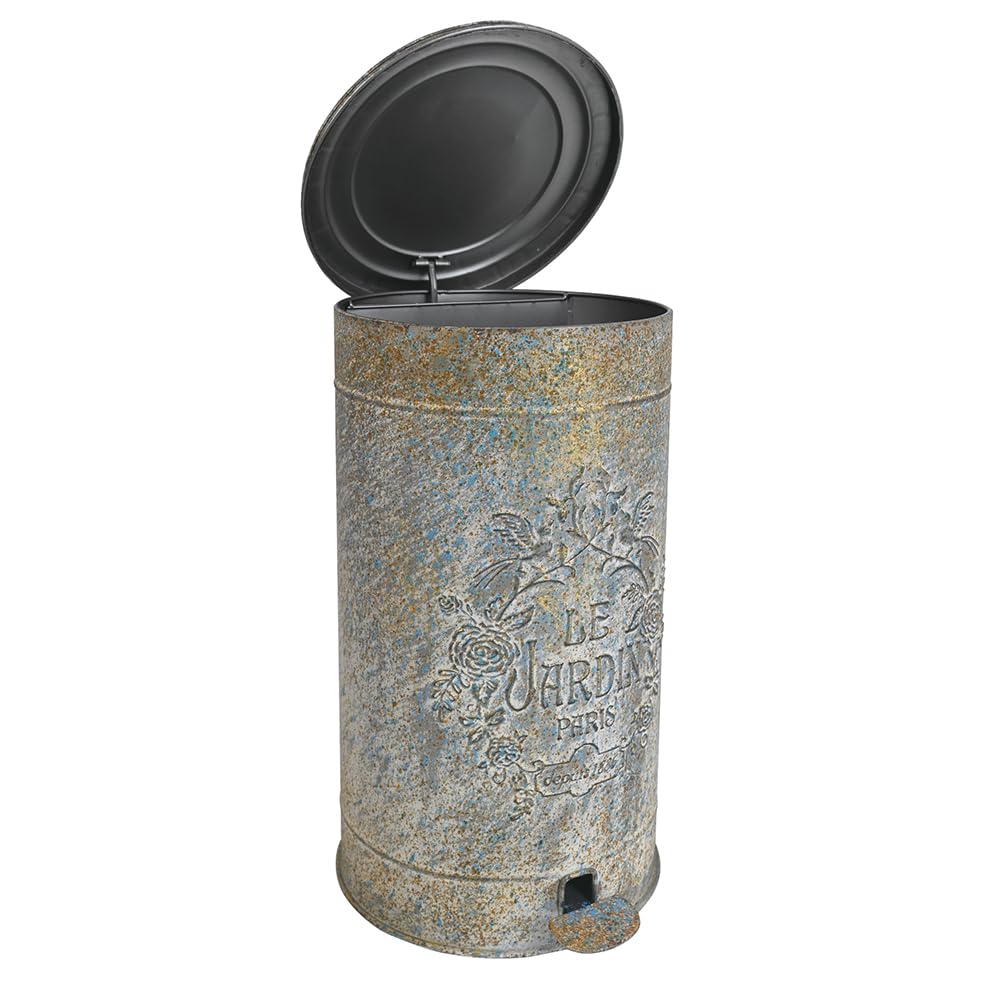 Pattumiera a pedale da giardino in metallo grigio fatta a mano "Le Jardin" look vintage unico chic HA1302