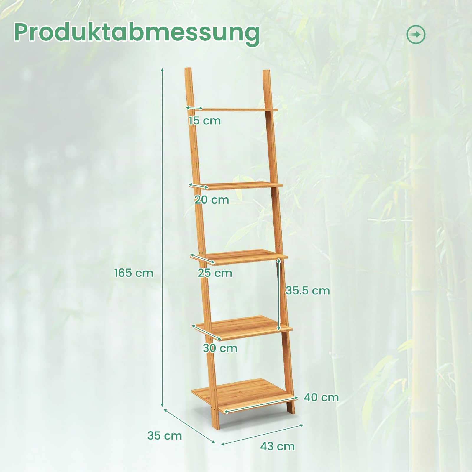 GIANTEX Leiterregal Bambus, Standregal Bücherregal 5 Ebenen | Wandlehnregal Treppenregal Pflanzenregal für Wohnzimmer Bad Küche, 43 x 35 x 165 cm, Natur