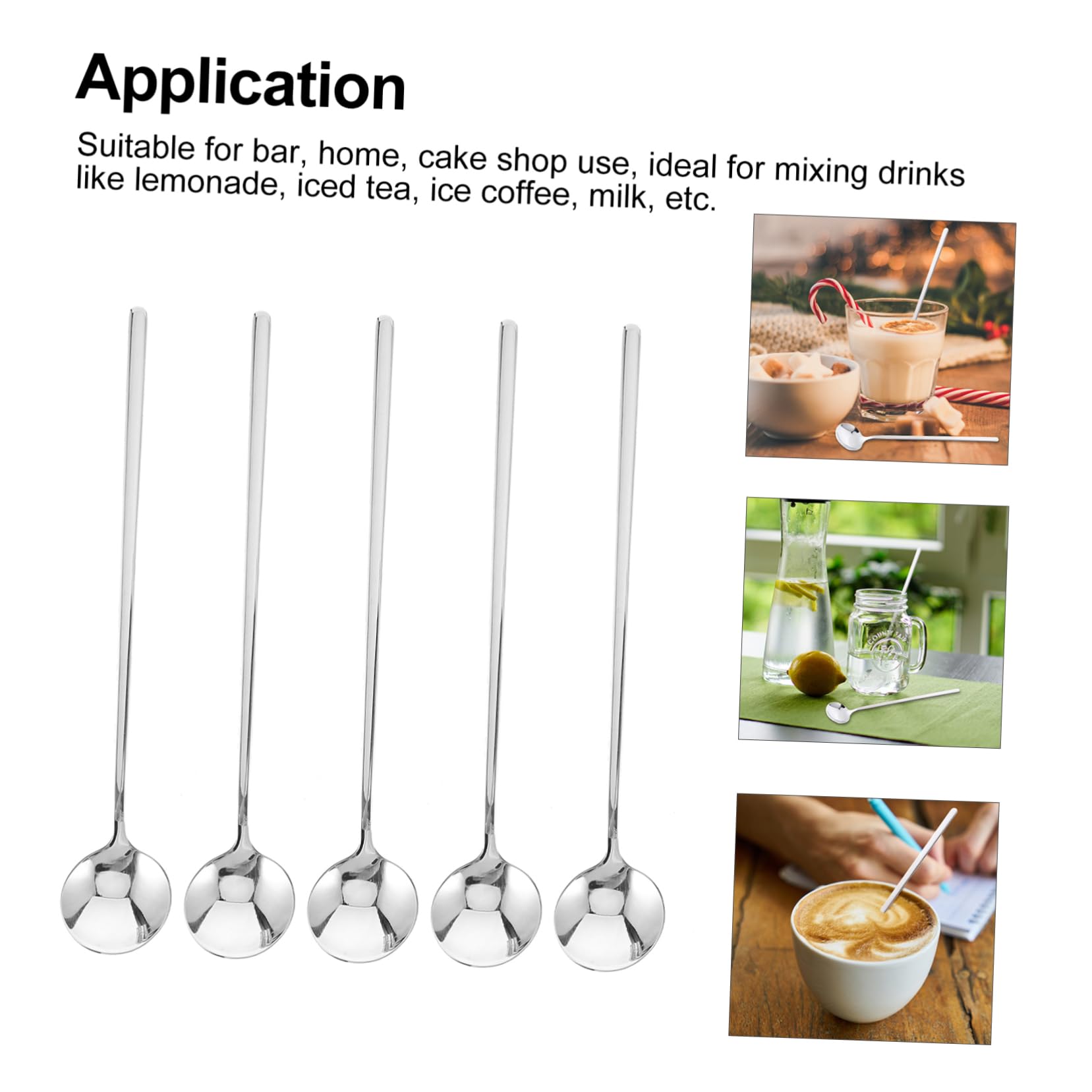 FUNOMOCYA 5 Pcs Stainless Steel Round Spoon Long Handle Spoon Ice Cream Paddle Spoon Sugar Spoons Cocktail Spoons Stainless Spoon Demitasse Espresso Spoons 410 Stainless Steel Silver