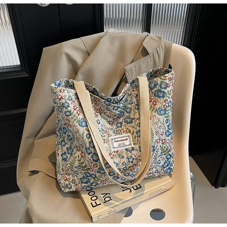 Bolsa tote de tela con diseño bohemio y floral, color azul miniatura 3