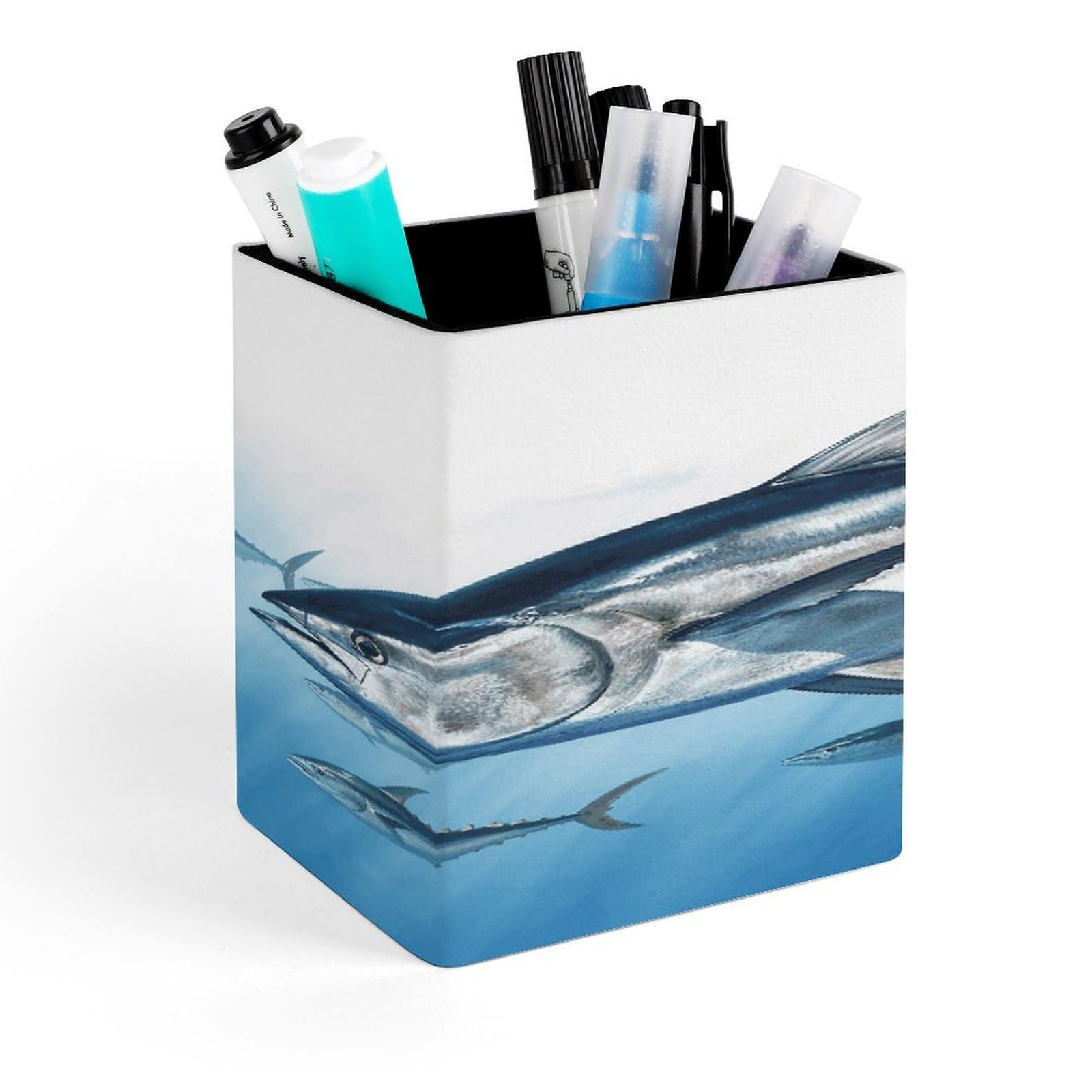 FekiLoot Bluefin Tuna Thunnus Pencil Holder for Desk Square Leather Pen Holder Cup Desktop Organizer Multi-Functional Pencil Cup Holders Modern Decorative Desk Organizer Caddy Makeup Brush Holders