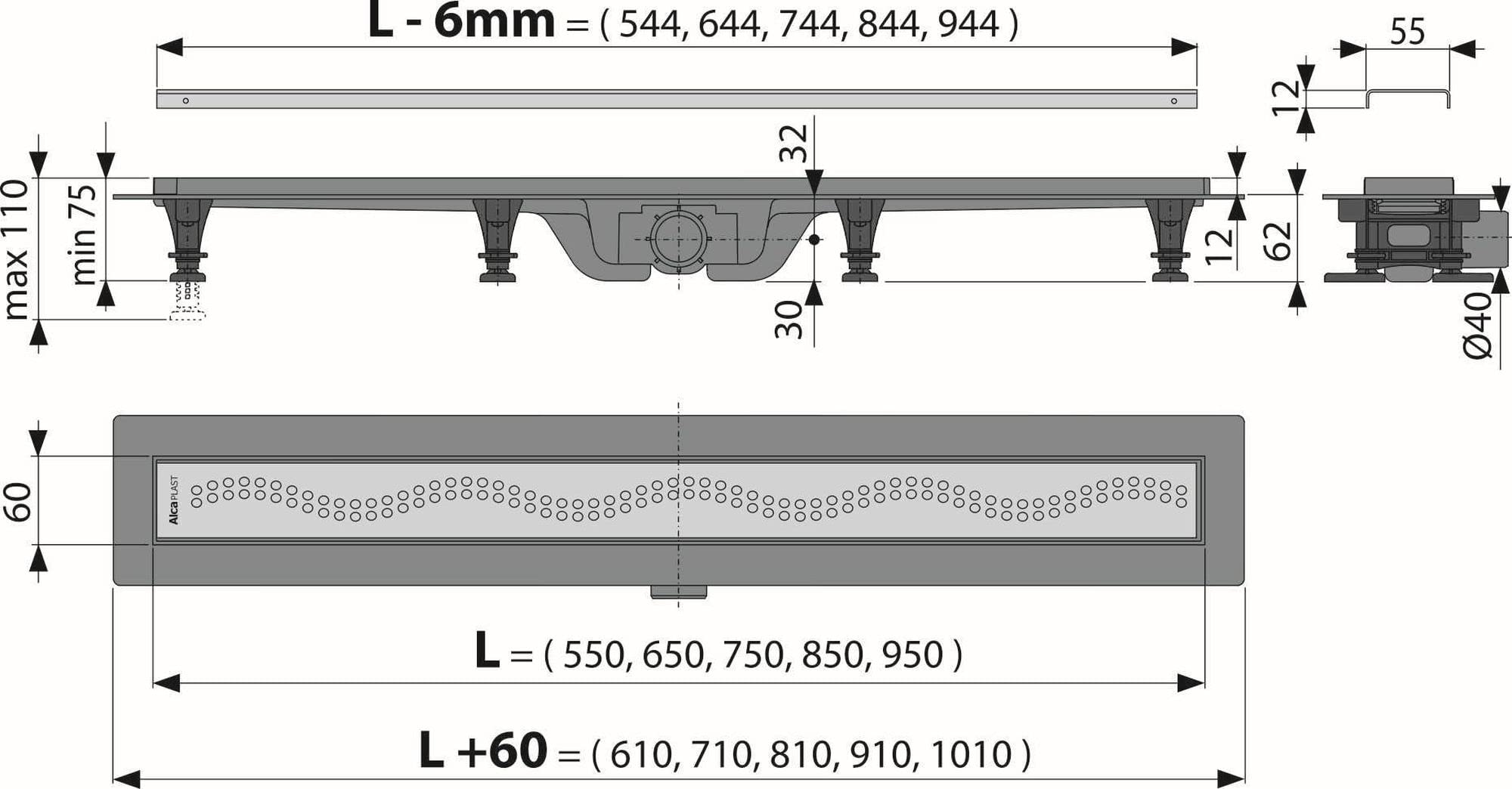 Canalina per doccia con griglia in acciaio inox/scarico doccia con griglia in acciaio inox da 550 mm fino a 950 mm per doccia, bagno e sauna (650 mm)