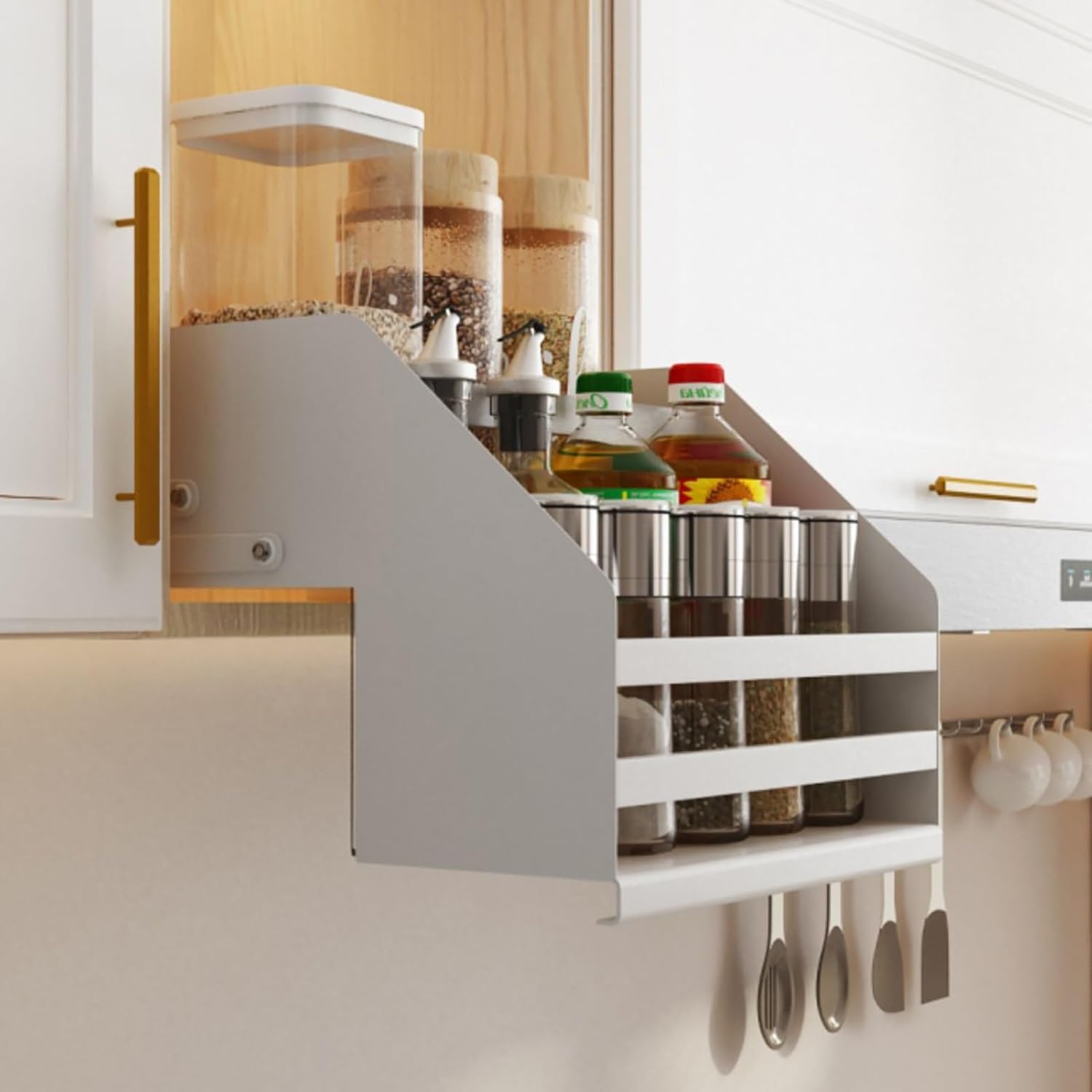 OLSKFUH Retractable Large Capacity Kitchen Organiser Pull Down Cabinet Shelf High Lift Basket Tray Organiser White,White-29cm/11.4in