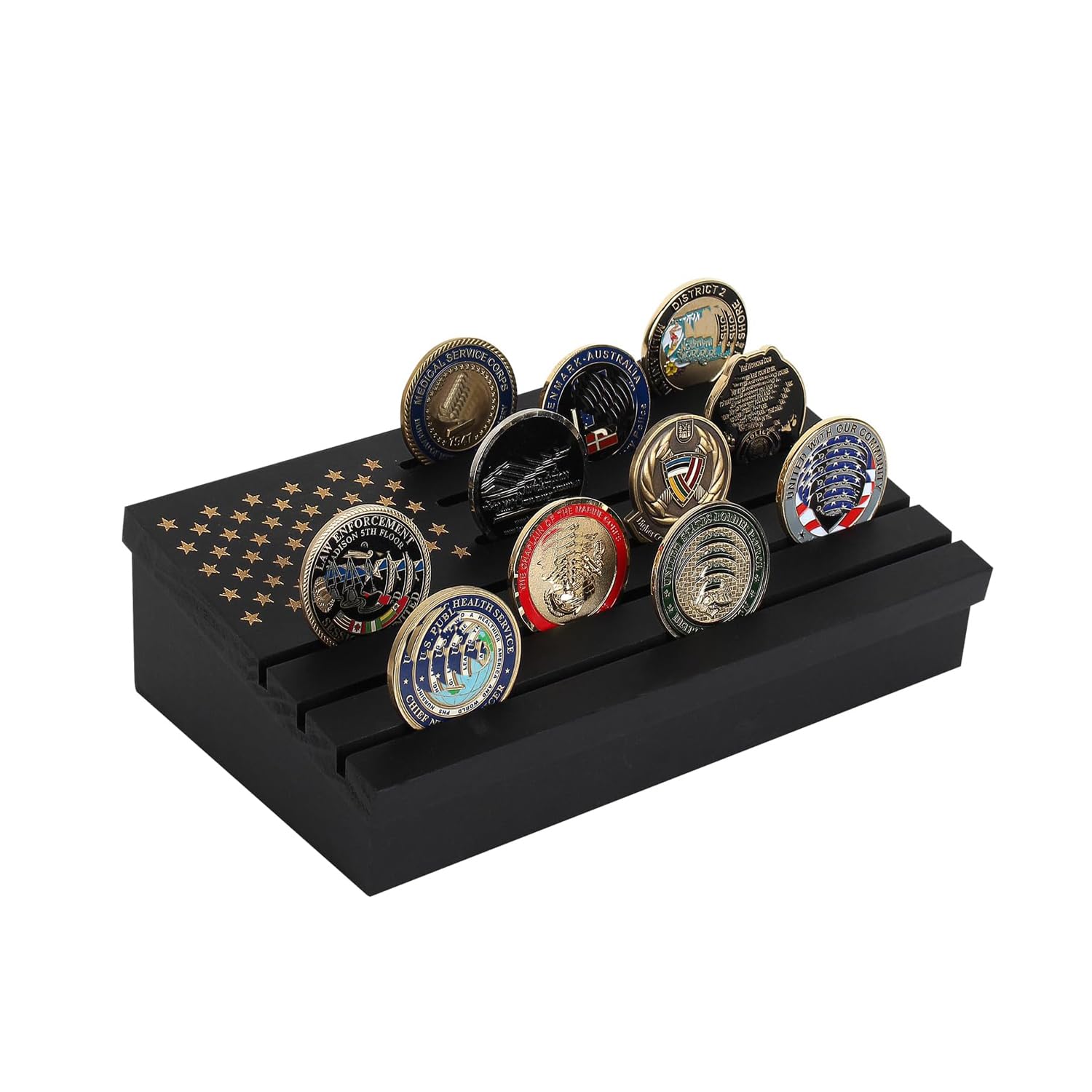 Challenge Coin Display Case, Wooden Military Coin Display Stand Rack Army Coins Holder 6 Rows with Removable Lid American Flag Coins Storage Box (white star)