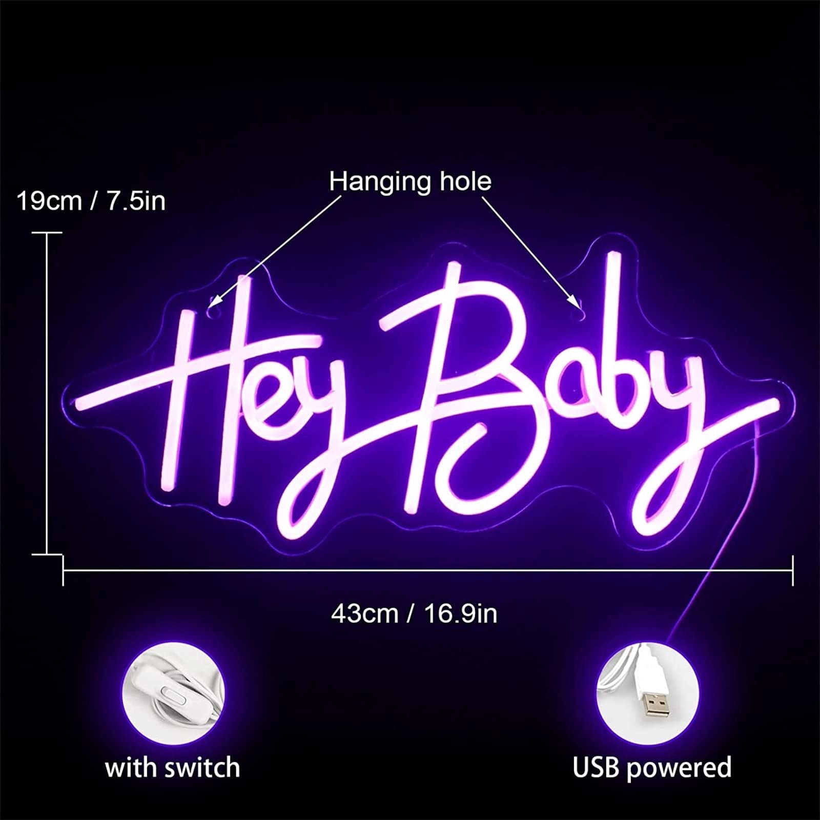 Hey Baby Letrero de neón Luz de Modelado LED Letrero de Letras Luminosas Panel de acrílico Luz Decorativa de neón, 43X19cm