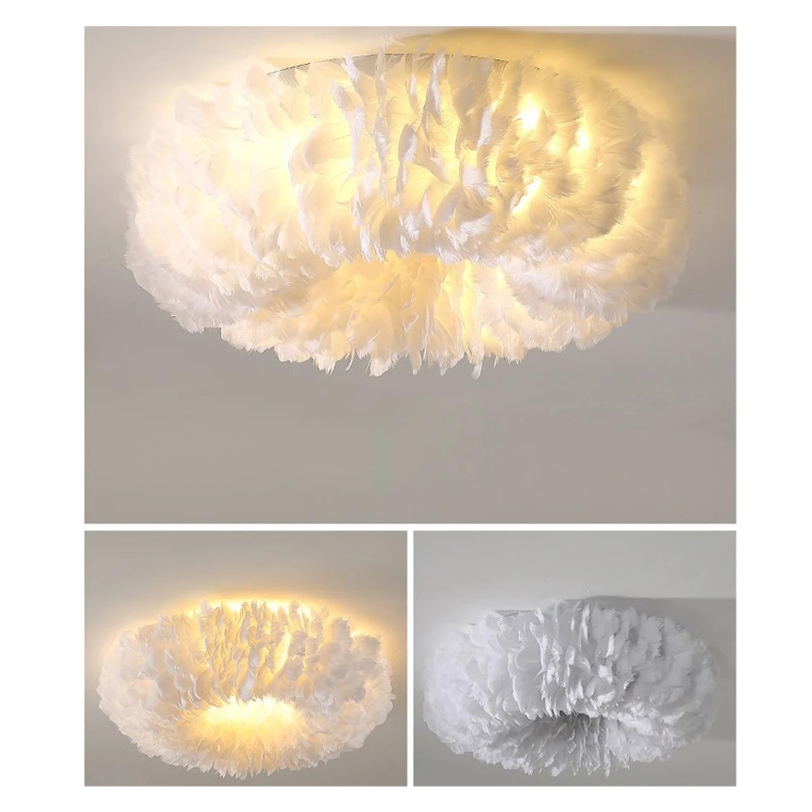 Lámpara de techo LED de pluma nórdica blanca/rosa/gris/amarilla, luz de montaje de hierro de sombra tejida a mano for sala de estar de dormitorio de niños