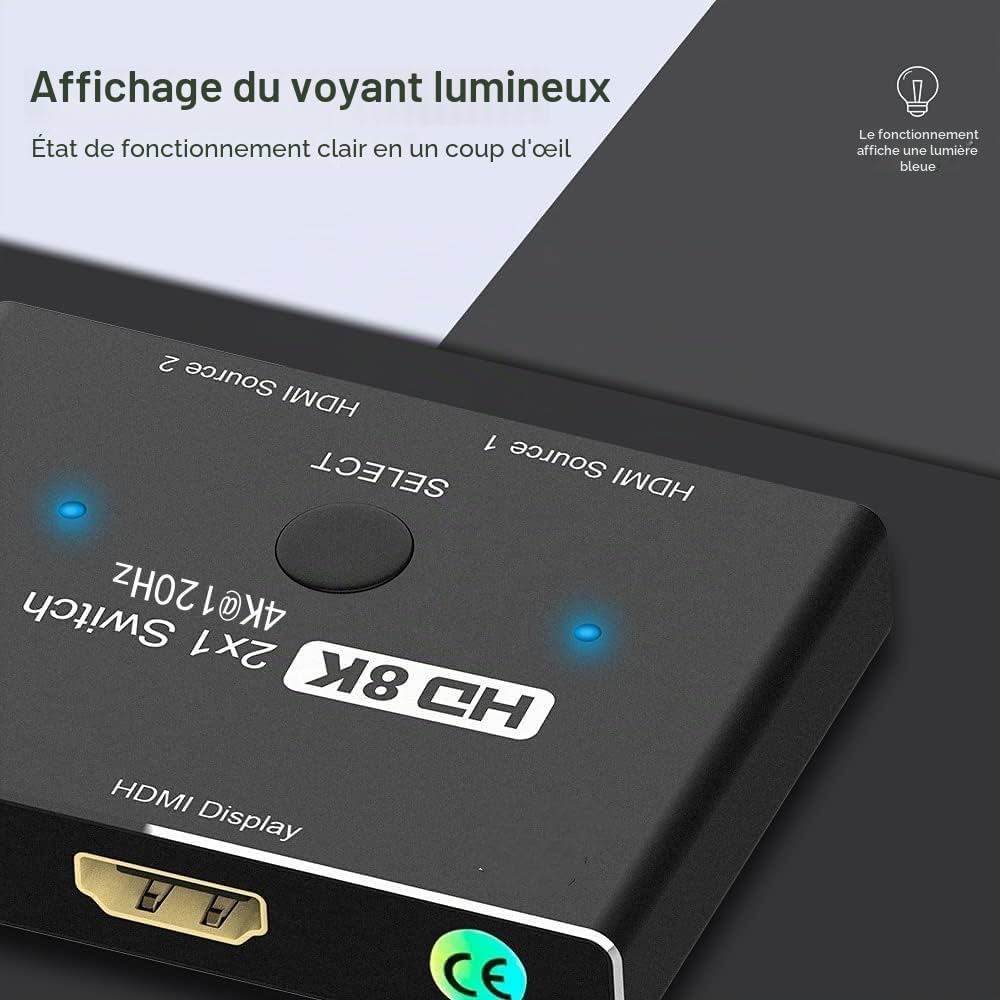 Directionnel HDMI 2.1 Switcher Commutateur Ultra HD 8K Haute Vitesse 48Gbps 2in 1out 8K@60Hz 4K@120Hz Convertisseur Séparateur Compatible avec Les Moniteurs PS5