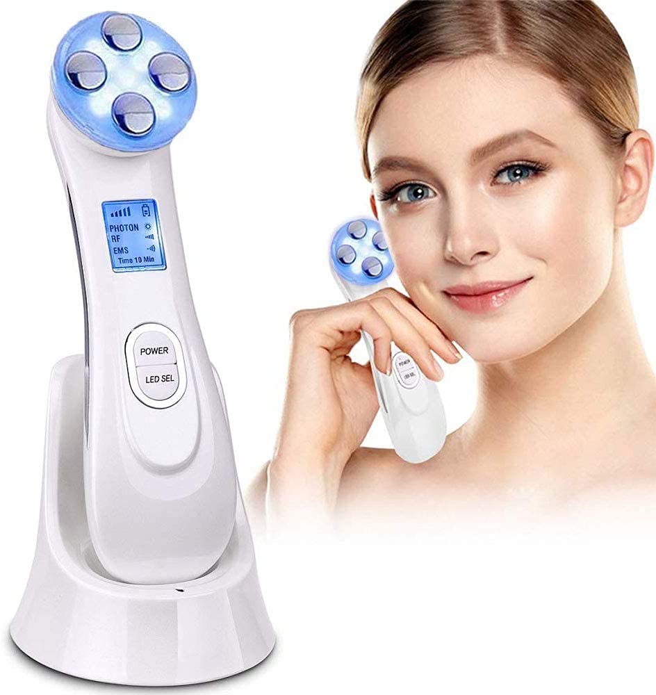 LOFFU Electrico Masajeador Cara Facial Aparato Radiofrecuencia, Radiofrecuencia Facial Profesional Aparato, 6 Modos de Terapia de luz LED, Antiarrugas, Anti-envejecimiento, Limpieza Profunda