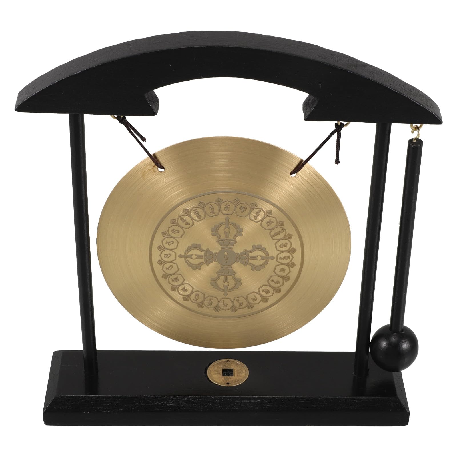 Gong Pequeño de Latón Feng Shui con Soporte y Mazo, Instrumento Chino Decorativo para Escritorio, Acento para Hogar y Oficina, Campana de Meditación para Ambiente Zen, Adorno
