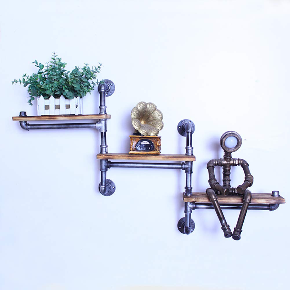 Rustic Industrial Pipe Wall Hanging Shelves with Retro Wood Shelf Floating Ladder Shelving Wall Mount Bookshelf with 3 Tiers Vintage Home Decor and Storage Solution