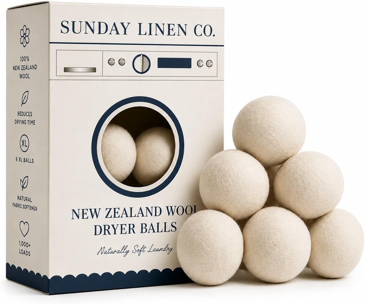Wool Dryer Balls, 100% New Zealand Wool, Reusable, Natural Fabric Softener, 6 Pack