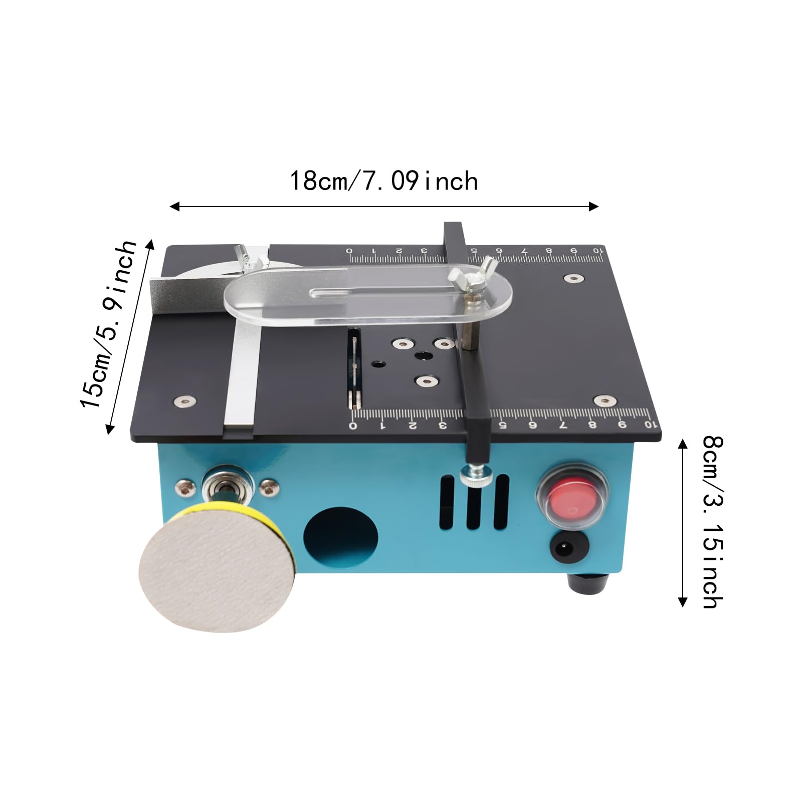 Mini stołowa pilarka tarczowa 96 W, 240 V, regulacja wysokości, brzeszczot 0-1,2 cm, grubość drewna, 7-biegowy zasilacz, długość cięcia 10 cm, precyzyjna piła stołowa z tarczą polerską, linijka kątowa