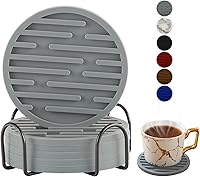 Vista 5 de Posavasos para bebidas, juego de 8 posavasos de silicona con soporte para mesa de café o mesa de madera, tazas, escritorio, tapete de bar