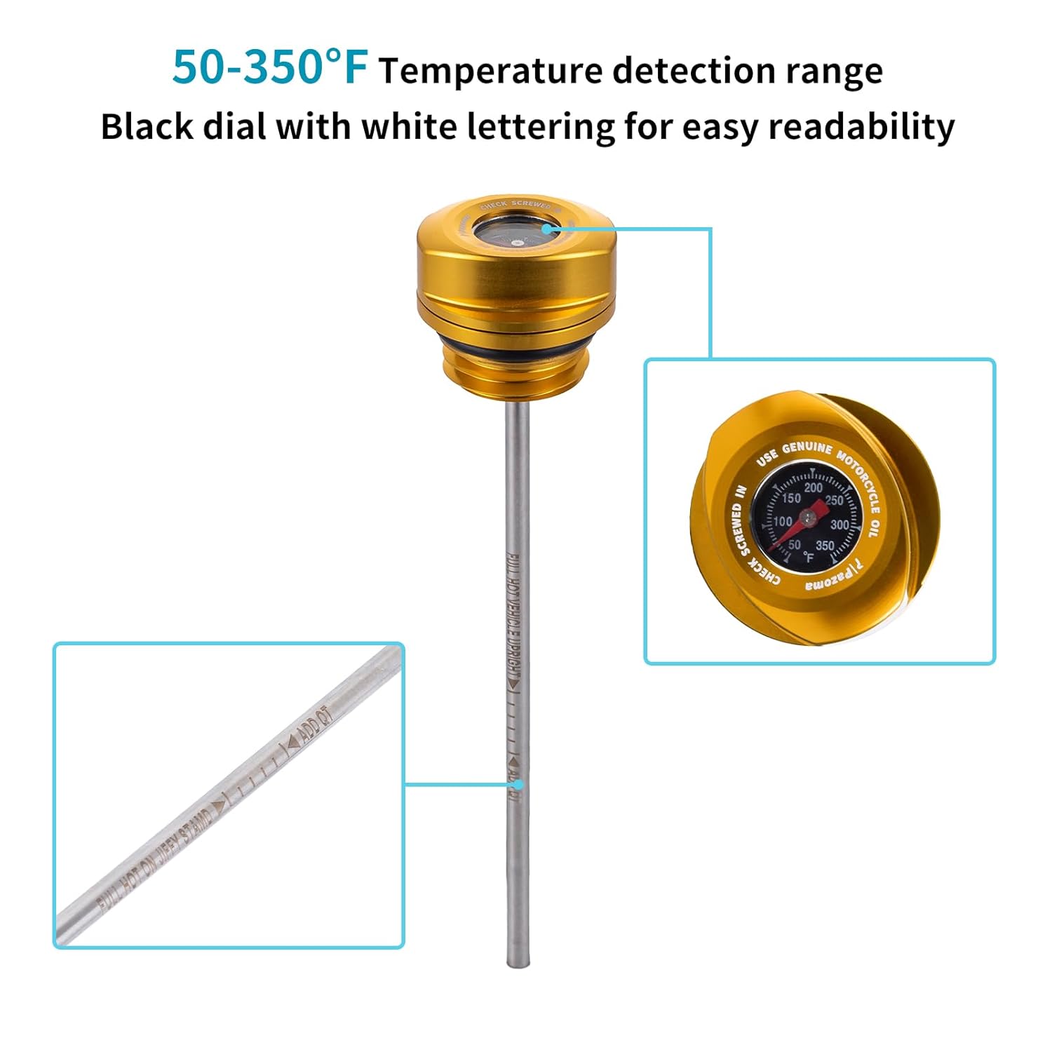 Gold Oil Temp Gauge Dipstick for Harley, CNC Performance Oil Dipstick Compatible with Harley Touring 23.5+ CVO, 24+ Road Glide/Street Glide, 24 CVO Road Glide ST