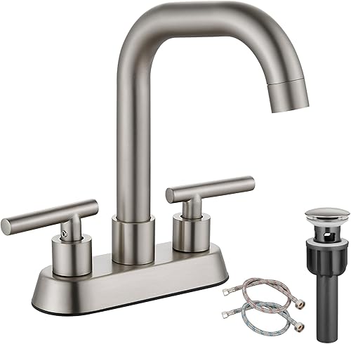 Cinwiny Juego central de níquel cepillado de 4 pulgadas para lavabo de baño con escurridor emergente, grifos mezcladores de montaje en cubierta,