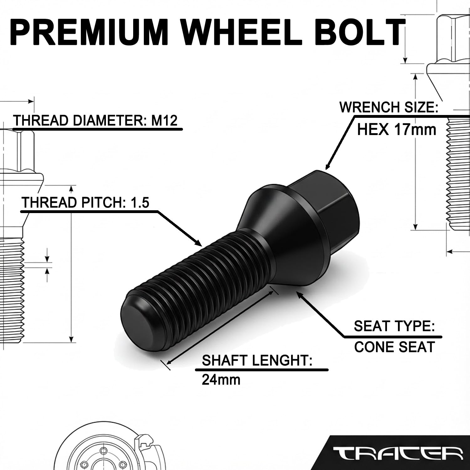 10 Black Wheel Bolts – Taper Collar M12x1.5 X 45mm – Fits Alfa Romeo & BMW – Tracer