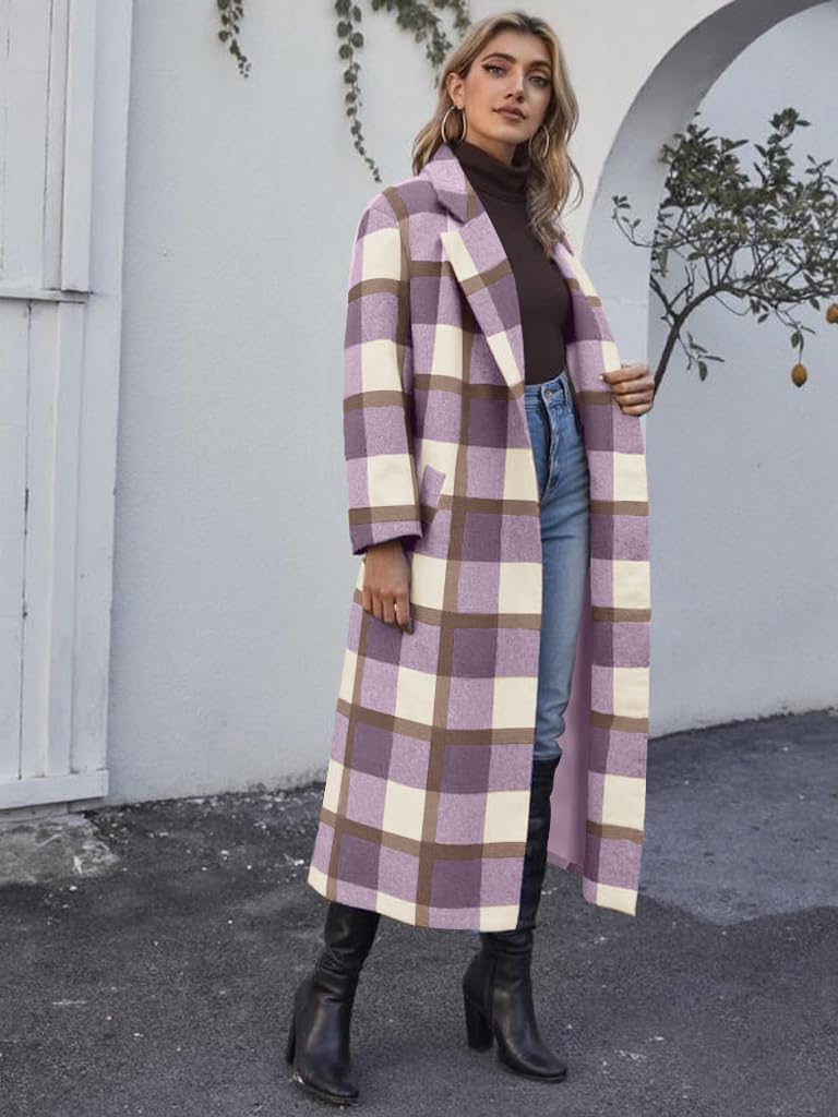 Women's Plaid Wool Coat Shacket Jacket Casual Long Sleeve Laple Button Down Flannel Trench Coats