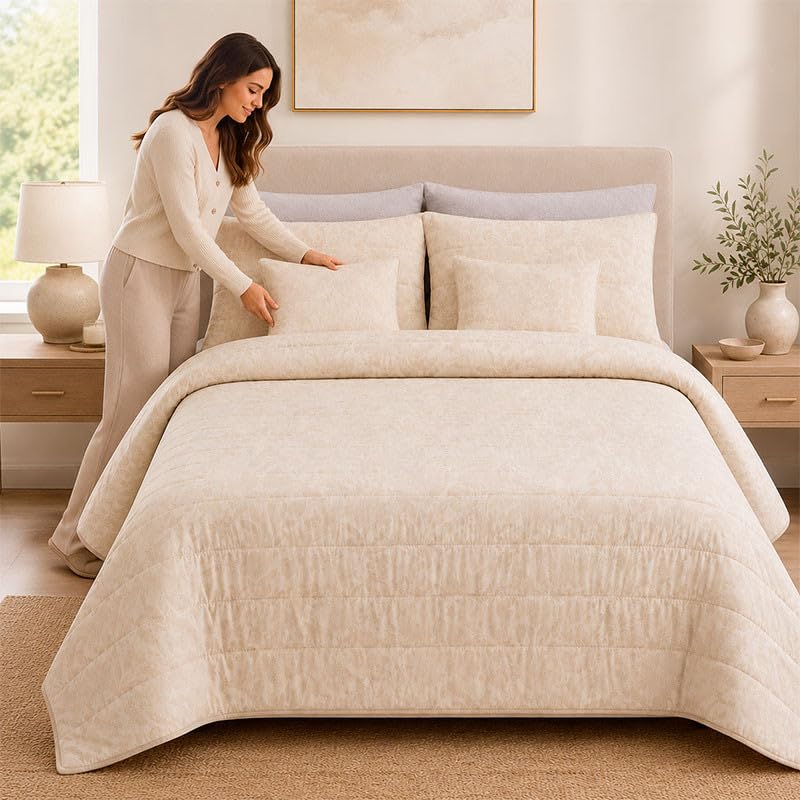 Rufino Díaz Colcha Prelavada Jacquard Alina + Funda de Cojín (Beige - 150 cm) - para una sensación acogedora y de Confort - Tejido Suave, Agradable y Resistente