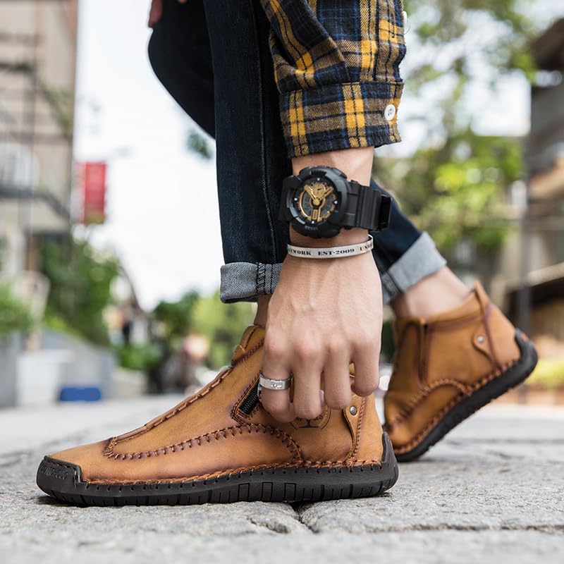 Image of men's casual outdoor short boots - hand sewn classic boots with fashionable side zipper decoration, perfect for outdoor enthusiasts and activities