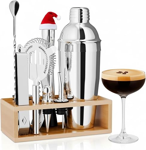 Kit de barman 10 en 1 con soporte, juego de bar de acero inoxidable con todas las herramientas esenciales, resistente a la corrosión, diseño