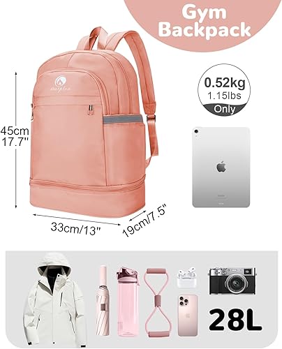 Vista 2 de Mochila de gimnasio de 28L, bolsa de gimnasio grande, mochila de entrenamiento, mochilas deportivas compactas para bailar y nadar, Rosa, 28 l
