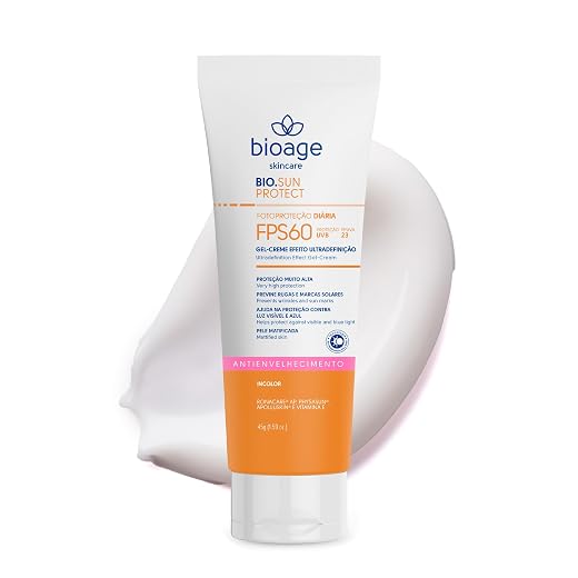 Bioage Protetor Solar Facial Gel-Creme FPS60 Antienvelhecimento Incolor 45g - Protetor Facial Firmeza Rugas Linhas Toque Seco Matte Incolor