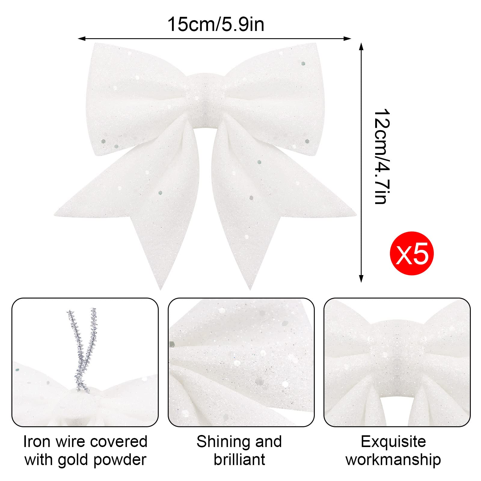 Yueshop Christmas Bows Large Bows Decoration, 5PCS 4.7in*5.9in Xmas Tree Bow Glitter, Sequin Bowknot Ties - Image 2