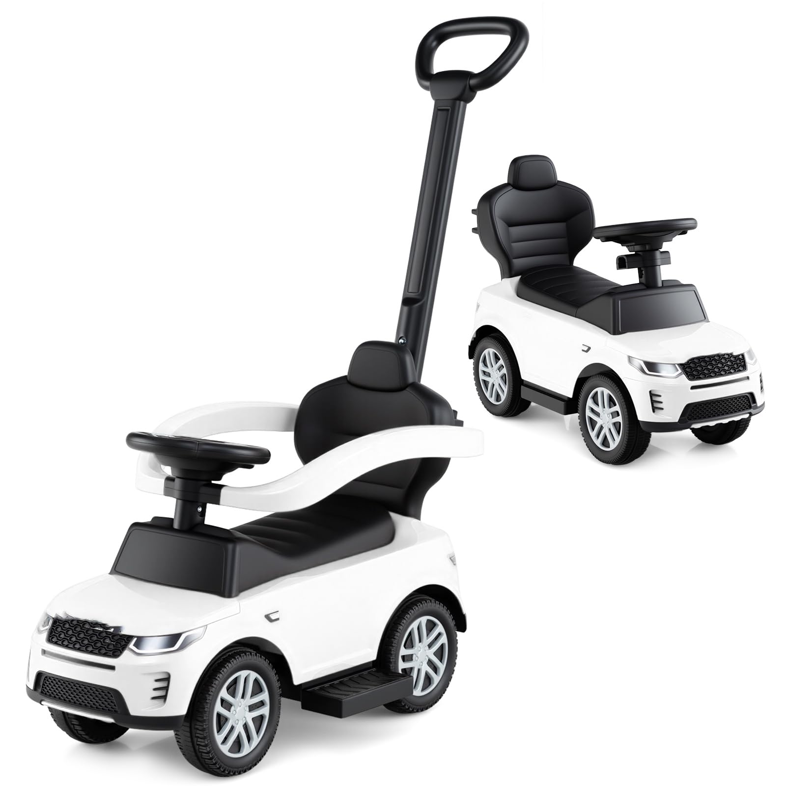 Push Car for Toddlers, 3 in 1 Licensed Baby Ride on Toy with Parent Control Handle Safe Guardrails, Kids Sliding Walker with Under Seat Storage Horn for Boys Girls (White)