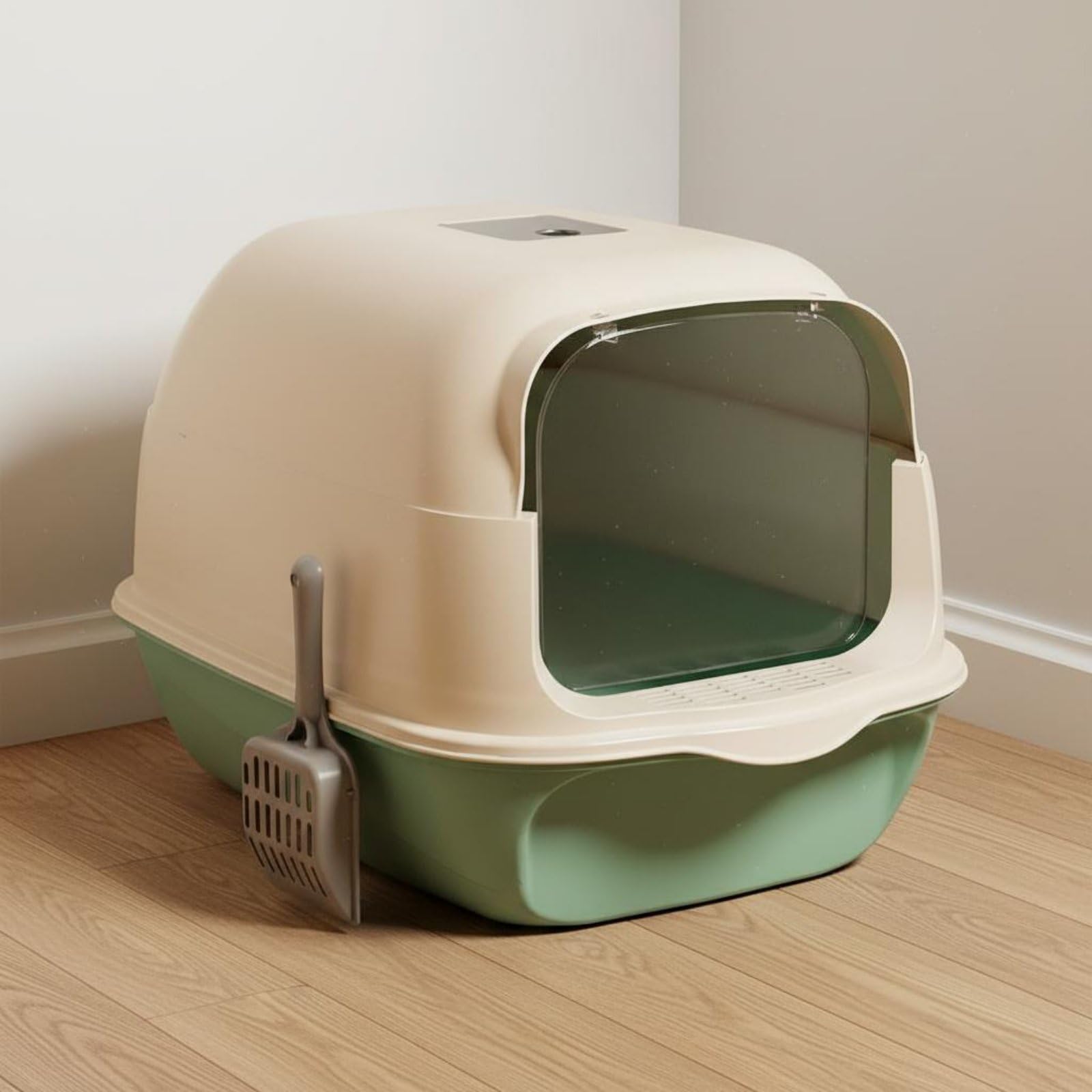 Bandeja de Arena para Gatos Caja de Arena Arenero Baño de Gato con Tapa Abisagrada y Base Extraíble Control de Olores con Área para Carbón Activo PP, Green