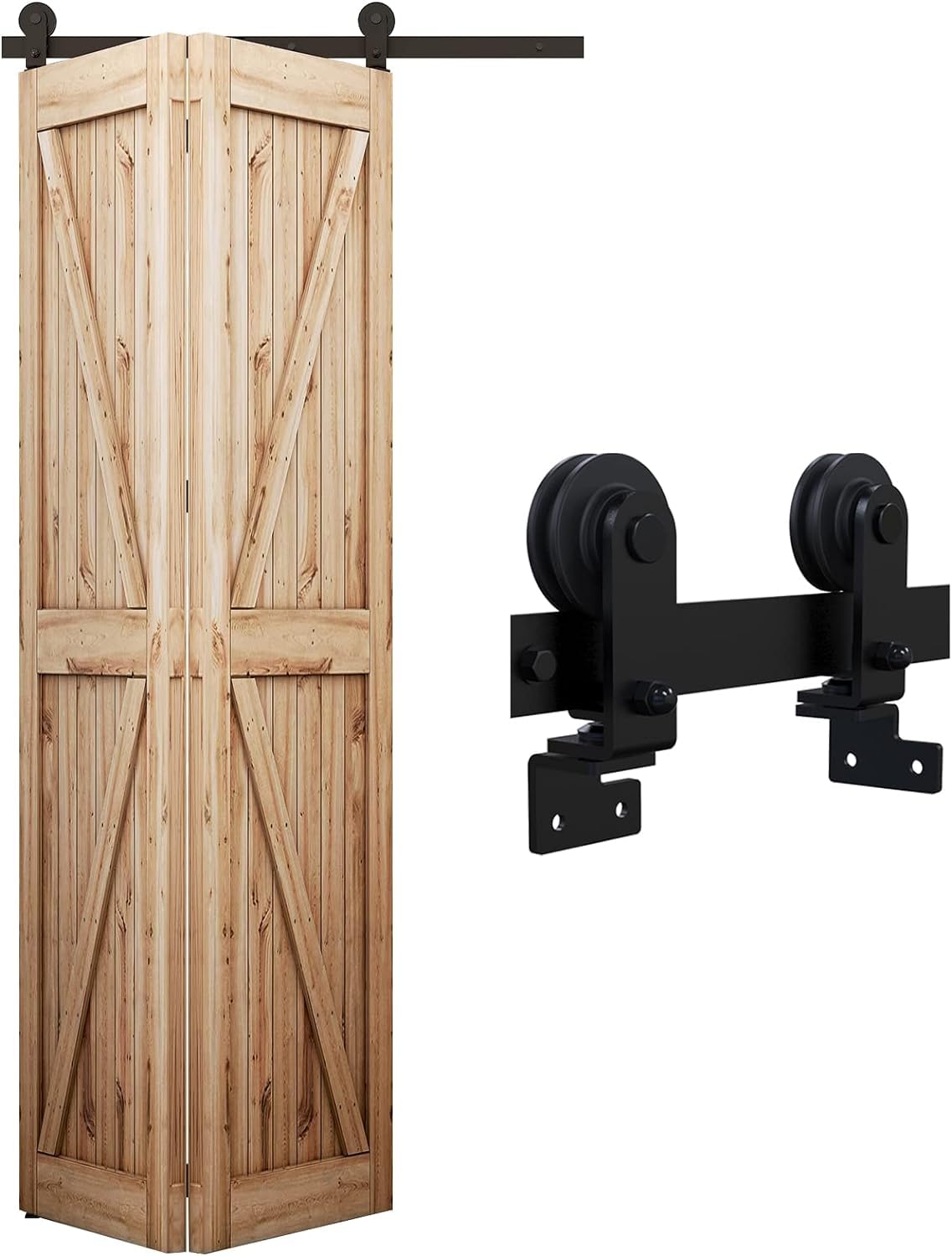 WOLFBIRD 130CM/4.3FT Bi-Folding Sliding Barn Door Hardware,Quietly Simple and Easy to Install for 2 Doors Hardware Kit, Applicable to Door Openings 100-110CM [T Style No Door ]