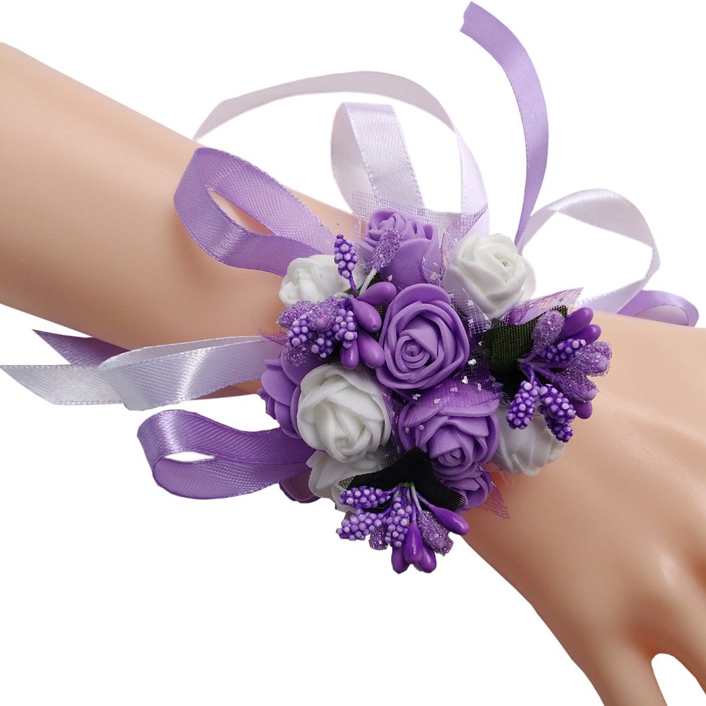 Pack of 1 - Bridal Bridesmaid Ribbon Wrist Flower Wrist Corsage - Foam Flowers Wedding (Purple)