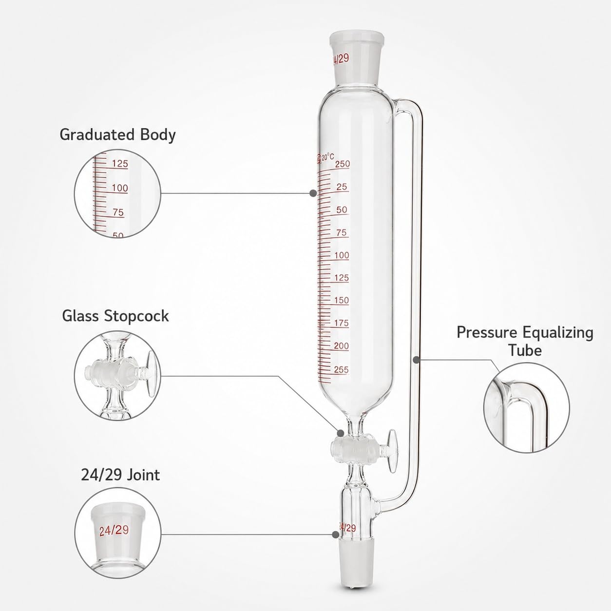 Embudo Graduado Igualación Presión Vidrio Borosilicato Llave Lab-5000mL 24/29#