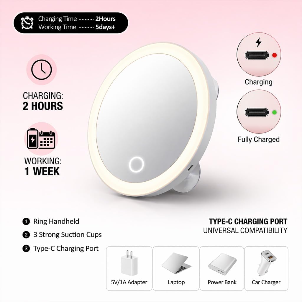 Espejo de Aumento 30X con Luz LED Espejo Aumento Ventosa Recargable USB 3 Colores Regulables Diseño Compacto para Maquillaje y Viaje Blanco, 1 Unidad — view 6