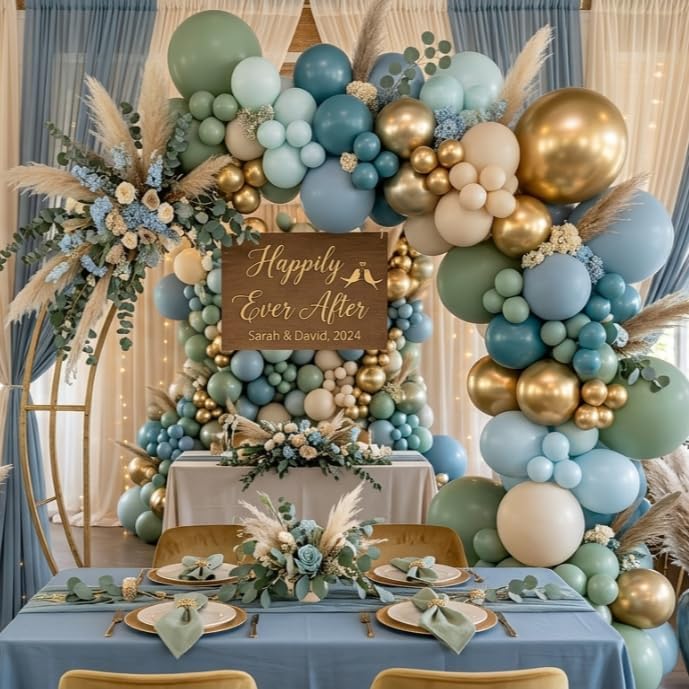 Image of Sage Green and Blue Balloons, 60 PCS 12 Inch Dusty Green Blue Sand | White Gold Balloons for Baby Shower Bridal Shower Wedding Boho Birthday Party Decorations