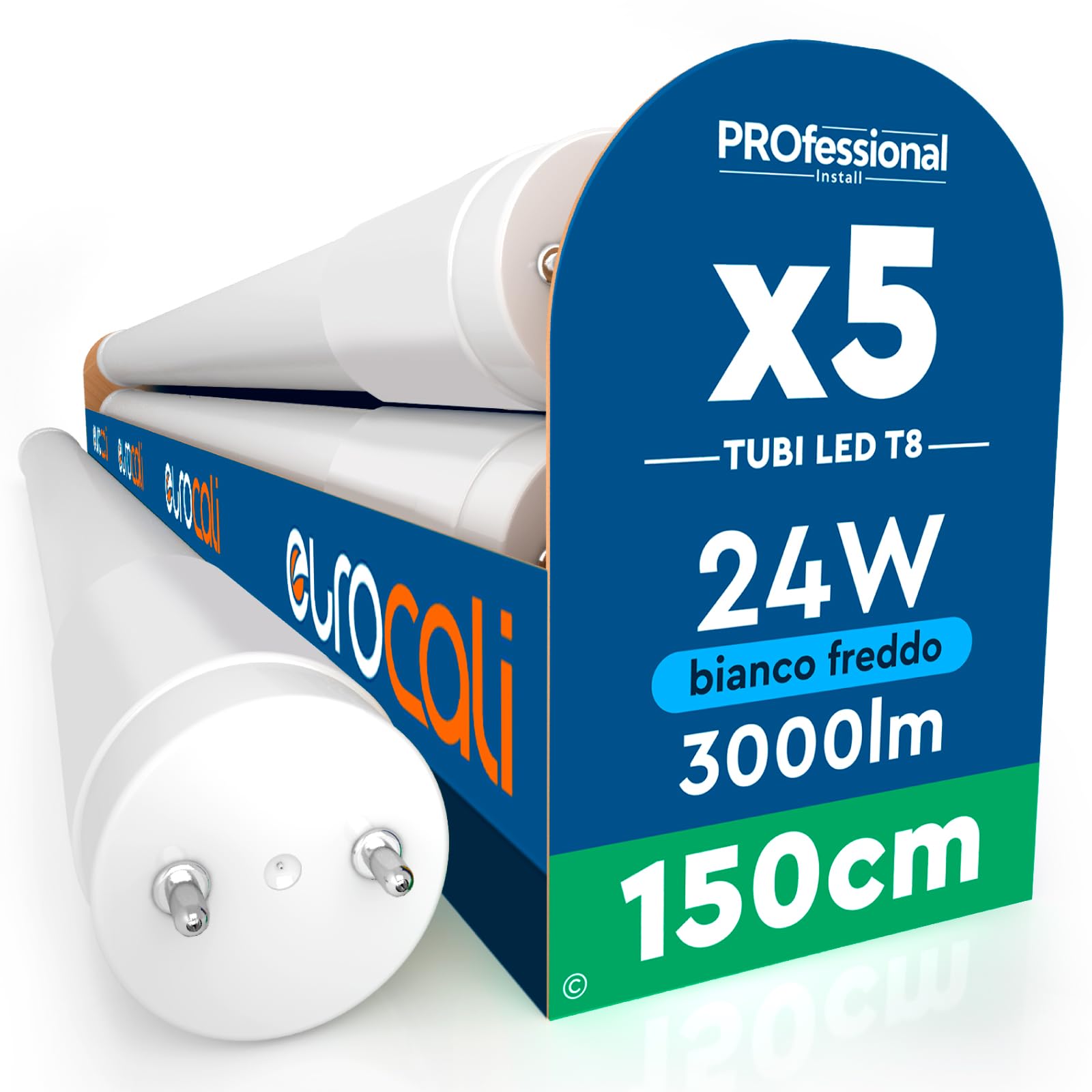 Eurocali 5 LED Röhren 24W 150cm T8 G13 SMD mit Starter 3000 Lumen Garantie 3 Jahre - Kaltes Licht 6500K - Hohe Helligkeit 125 lm/W - Ersatz Neon für Geschäft Garage Decke Material Nano Plastic