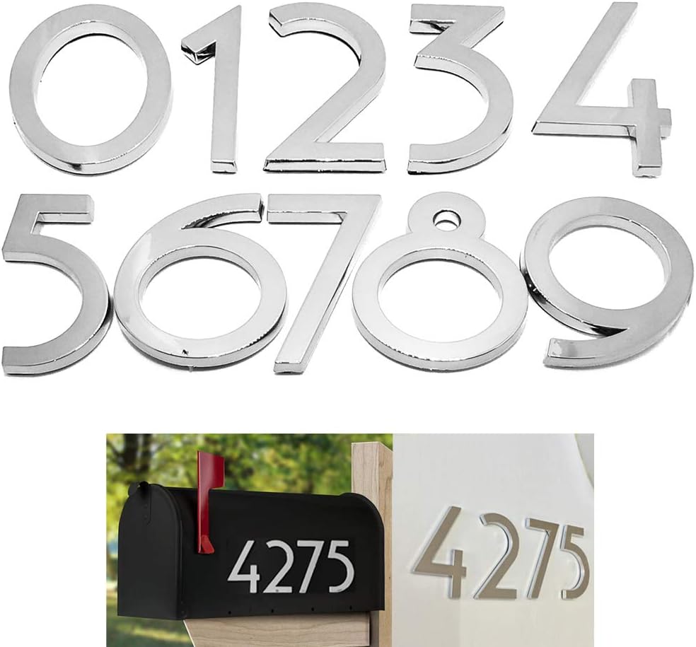 Diggoo 10 Pack Mailbox Numbers 0-9, 2.76 Inch High, Door Address Numbers Stickers for Apartment, House, Room, Office, Cars, Trucks, Silver Plating Process Number Sign