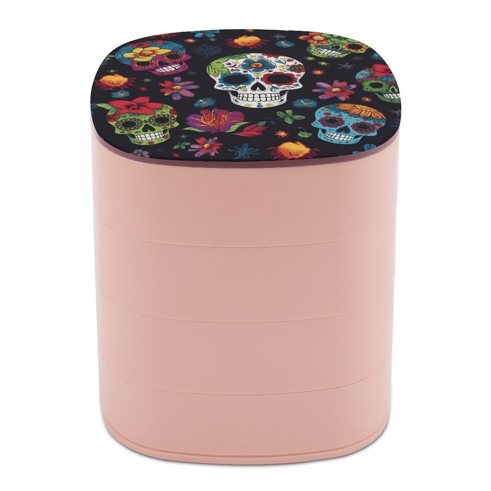 VstaDank Flower Cactus Sugar Skull Jewelry Box with Mirror Travel Small Jewelry Case for Women 4-Layer Rotatable Jewelry Organizer Storage Box Portable Jewelry Storage Case for Rings Earrings