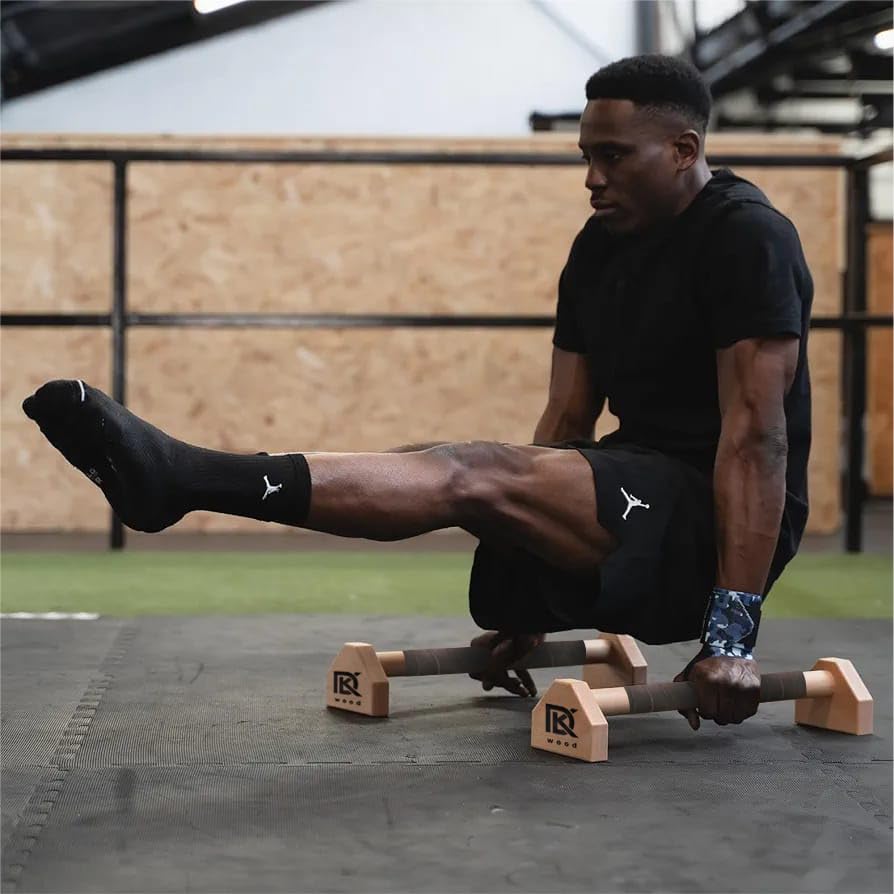 Image of CALI SPORTS Calisthenics Wood Parallettes Bars | Push Up Bar That Will Not Slip or Wobble | Wrist Wraps Included (Long) NATURAL WOOD
