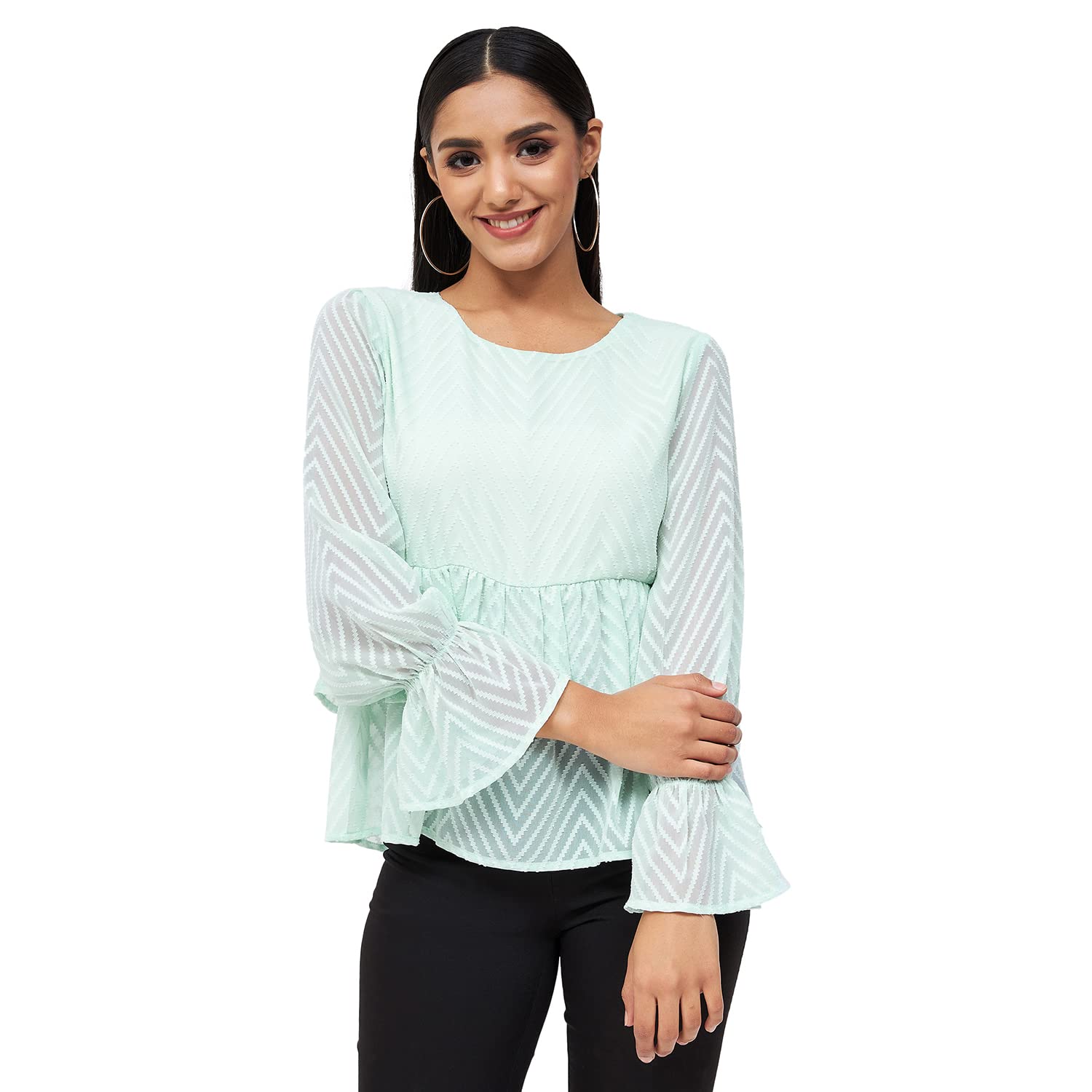kibo Casual Women's Textured Polyester Round Neck Top Light Blue-picture-26