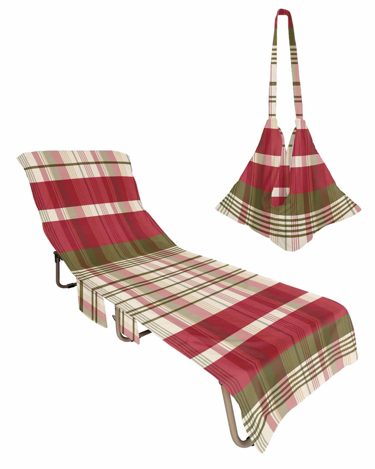 Pink Lattice Beach Chair Towel Covers for Chaise Lounge with Side Pocket, Soft Plush Pool Towels Cover for Patio Sunbathing Outdoor 29''x85'' Red Green Buffalo Plaid Fall Check