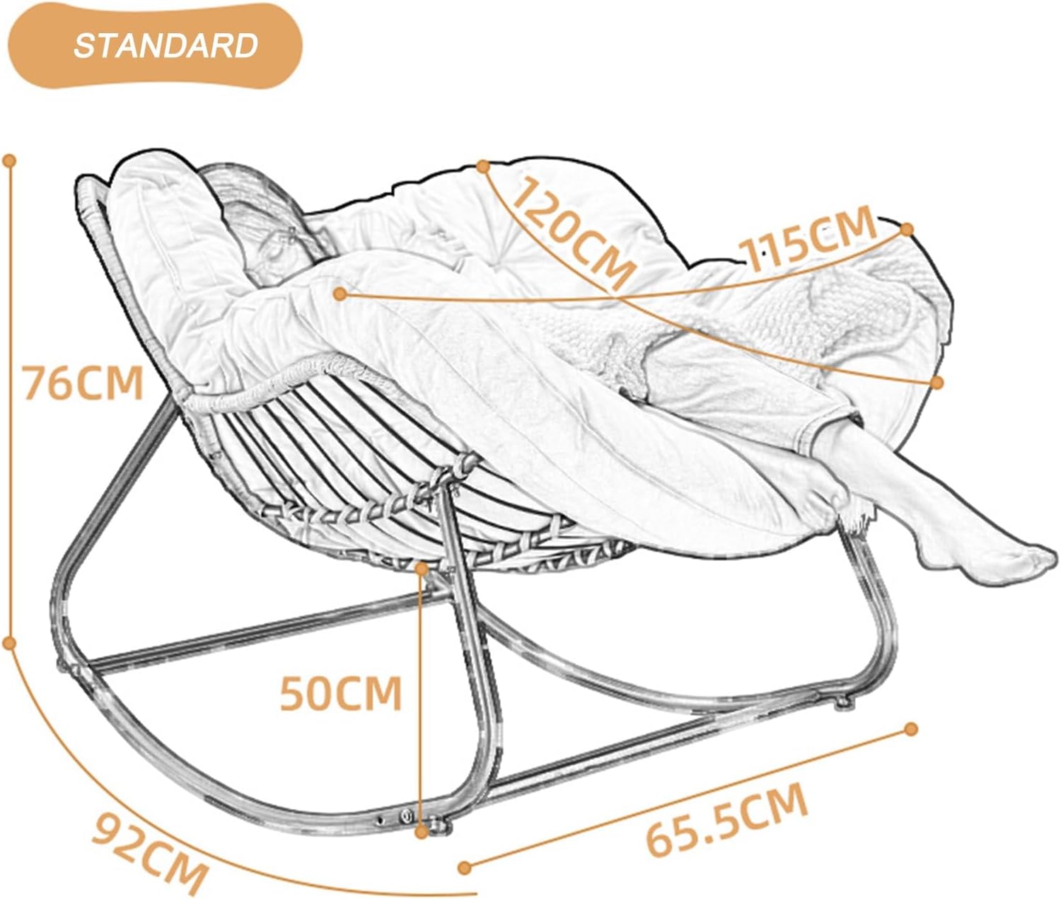 Rattan Rocker Padded Cushion Recliner Outdoor, Comfy Patio Chair, Oversize Indoor Reading Chair, Rattan Rocking Chair for Balcony Front Porch Garden Patio Backyard(Beige,92 * 76 * 65.5cm)