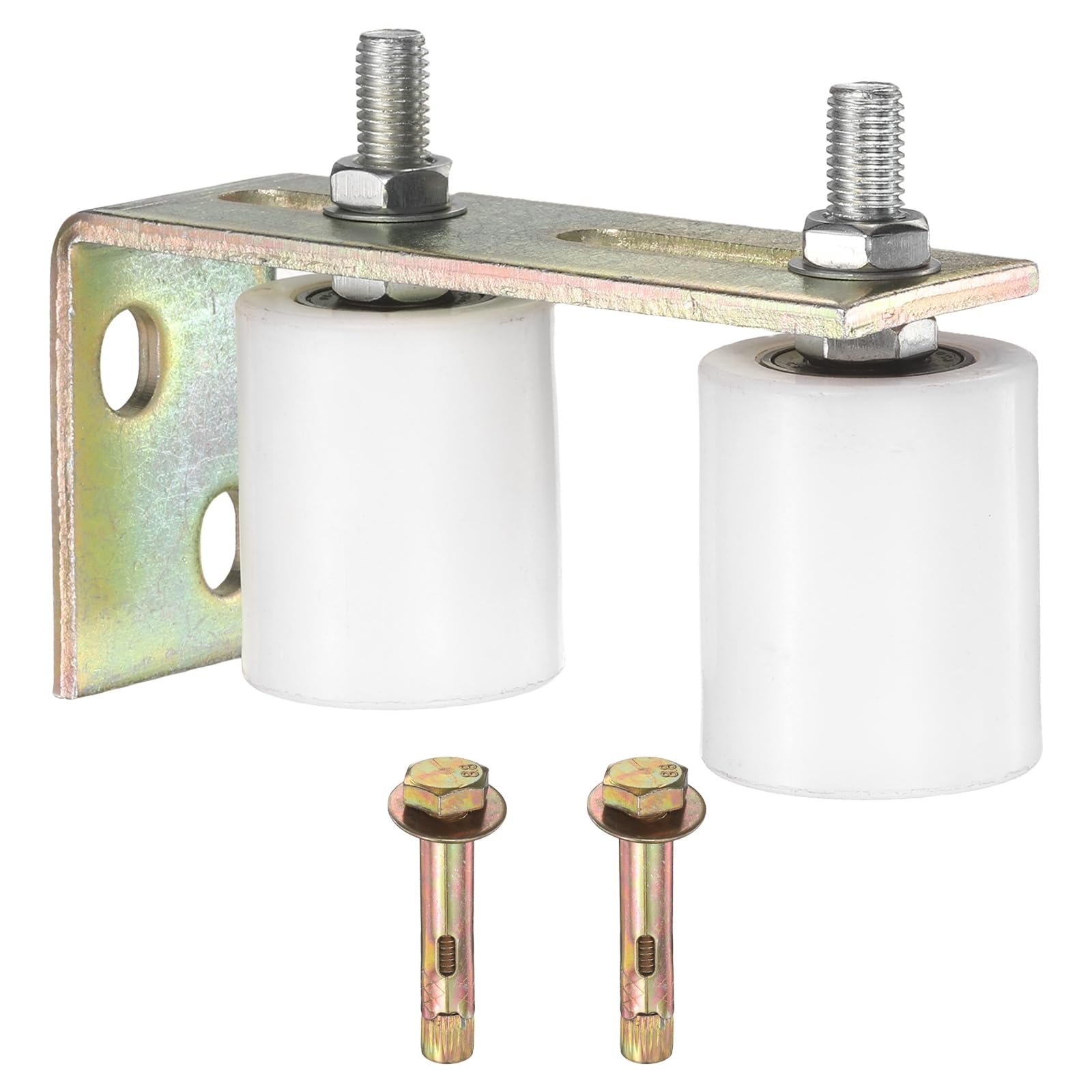 sourcing map 1 Set Slide Gate Guide Roller, 60mm L-Rear Post Bracket Nylon Rollers Gate, Adjustable Sliding Hardware Roller Kit for Sliding Grates Barn Rolling Door 50mm Dia, White